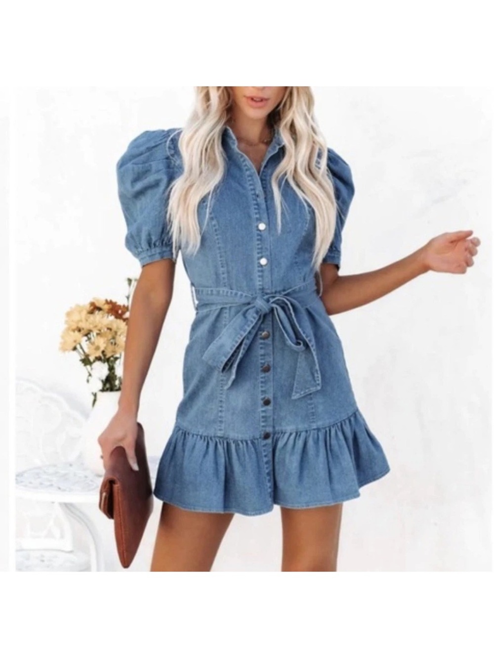 VICI Blue Denim Puff-Sleeve Mini Dress with Tie Waist